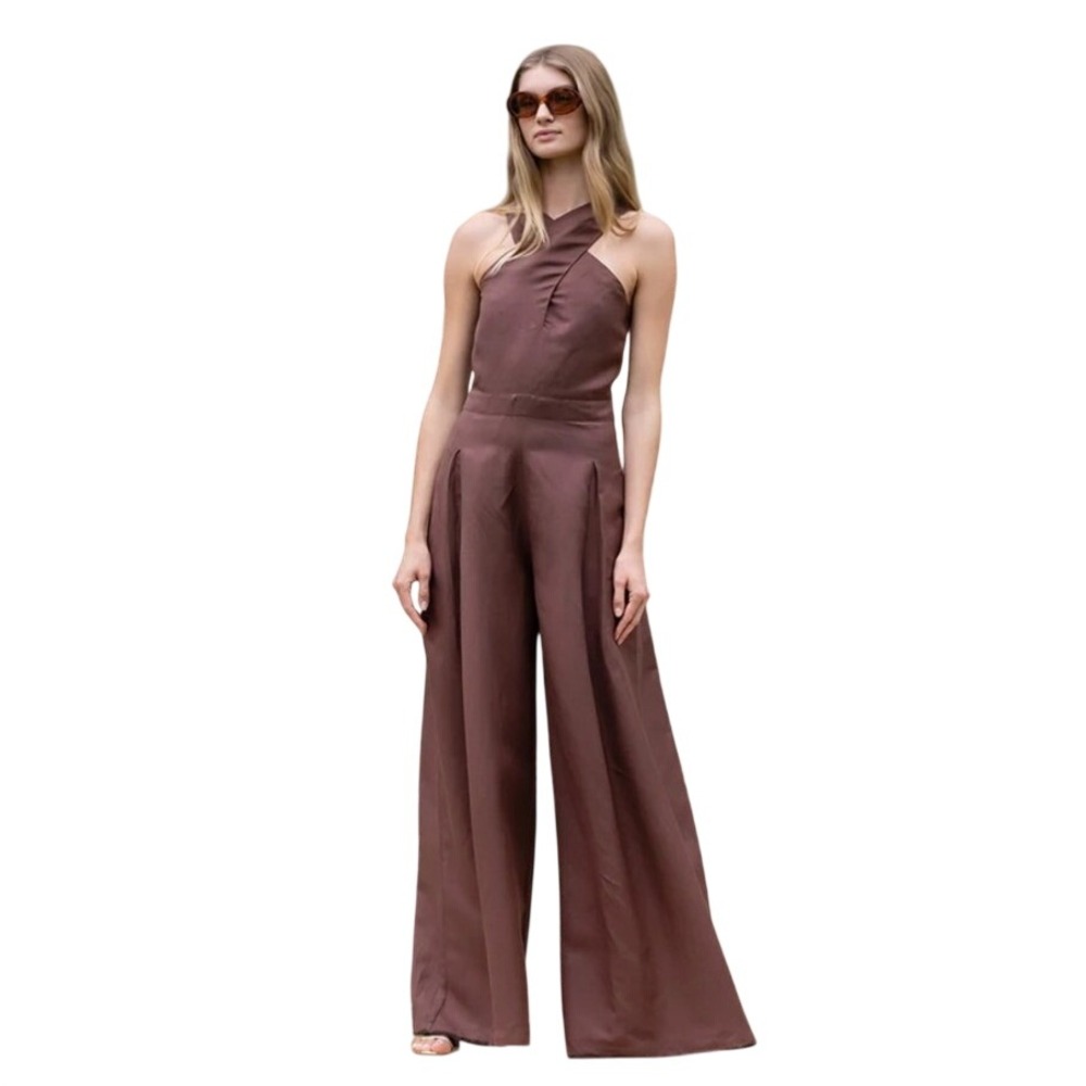 Julia Amory Camille Jumpsuit Chocolate Brown Wide Leg Halter Size M NEW